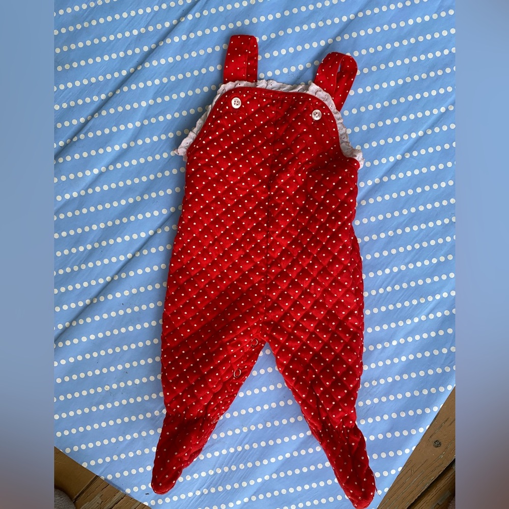 Vintage red polka dot adjustable overalls with lace, newborn